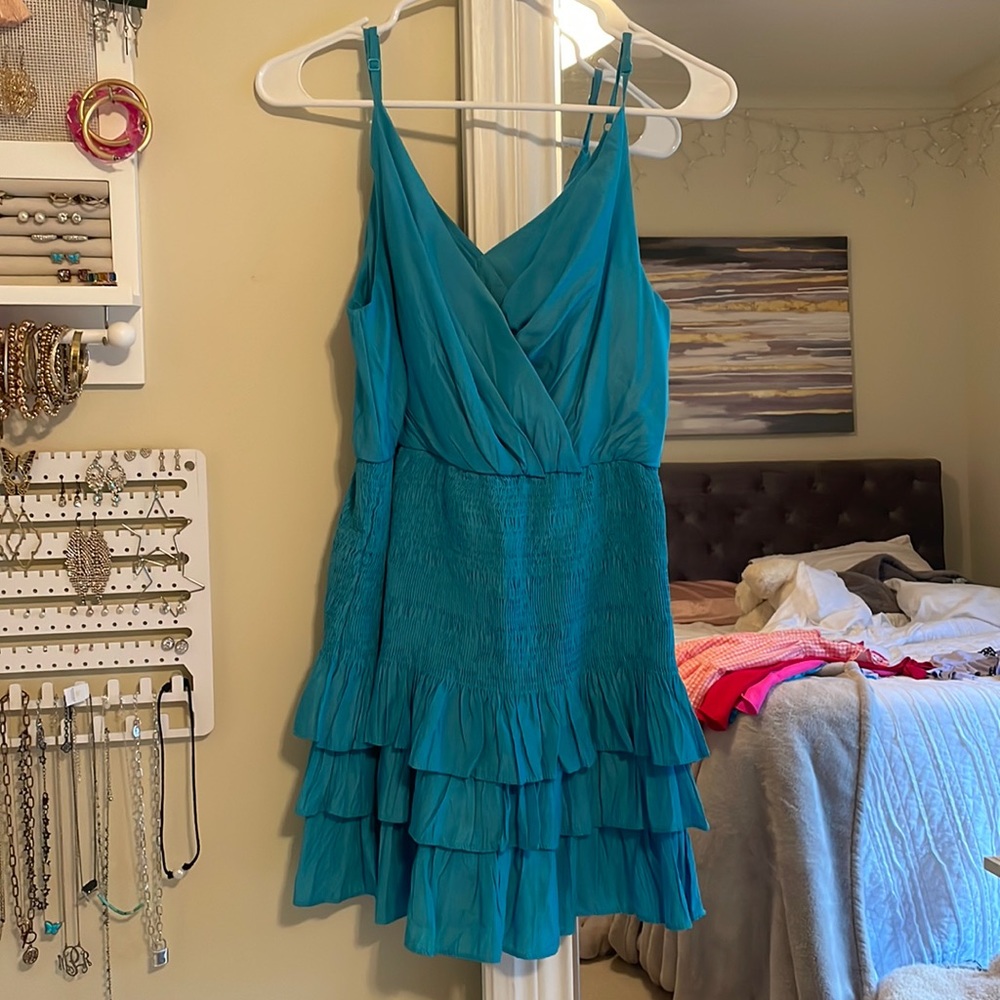 blue smocked mini dress